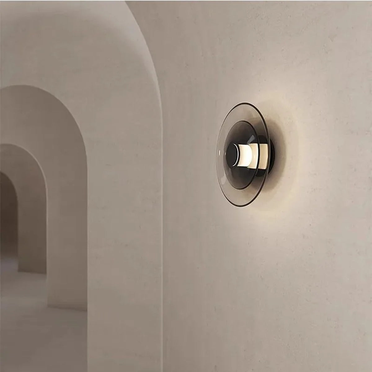 Smoked Glass Disc Brass Bar Wall Sconce – Cevanix – Lifestyle View 2