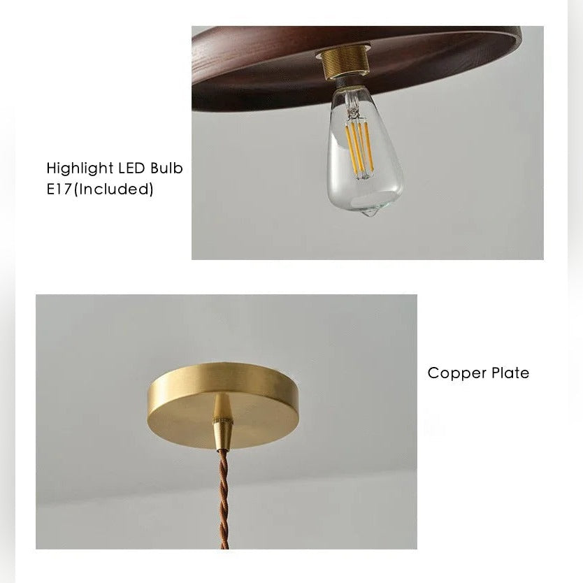Walnut Disc Pendant Light – Woluxen – Bulb and Ceiling Plate Detail