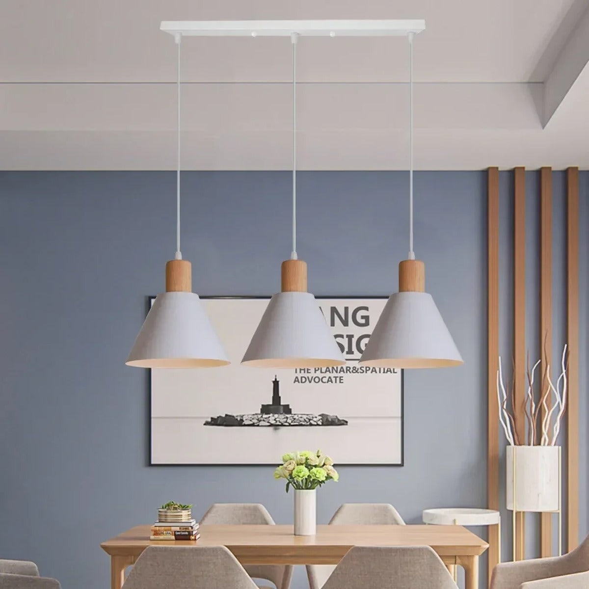 Ulion — bar-plate cluster, white shades, side view over dining table