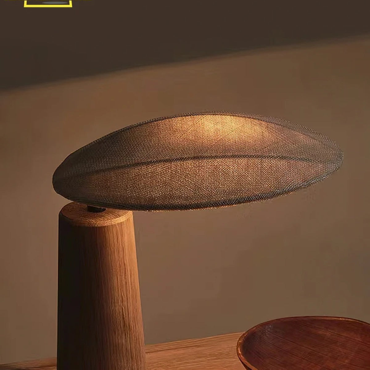 Oak Base Linen Elliptical Table Lamp – Novalith – Hero Shot