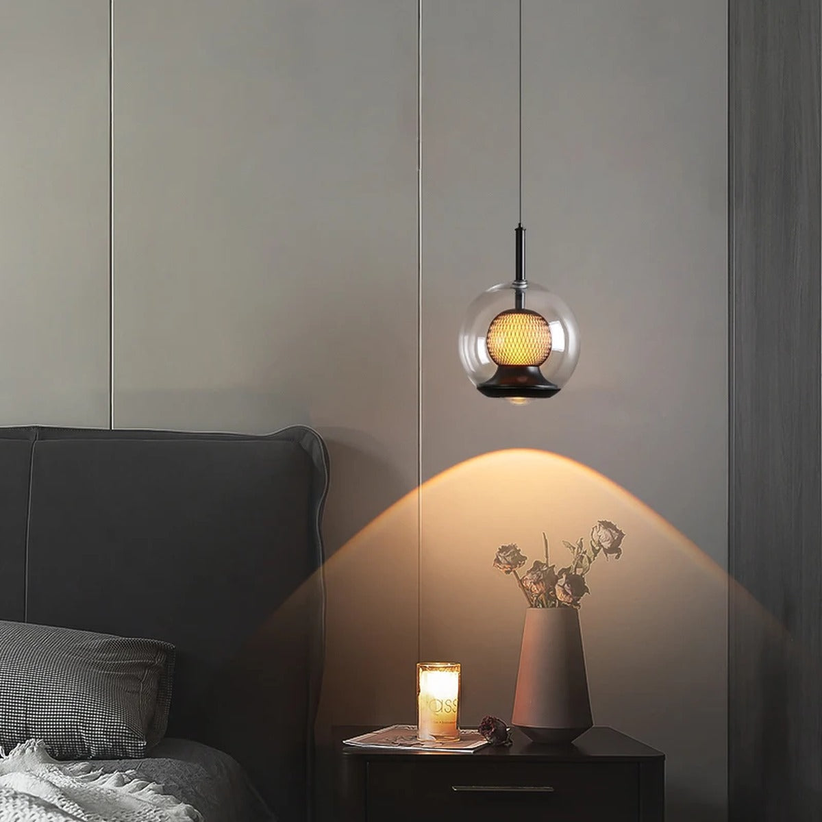 Glass Globe & Inner Mesh Pendant Light – Evrix – Bedside Lifestyle, Clear Glass