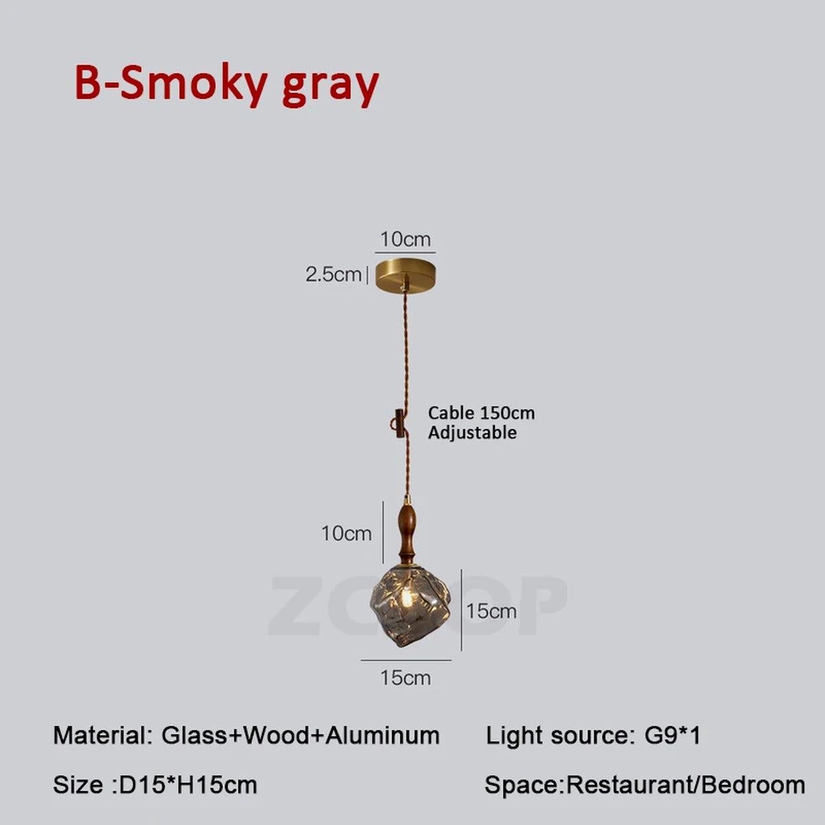 Organic Crumpled Glass Pendant Light Tolux — Walnut Neck / Smoky Grey, dimensions D15xH15cm