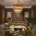 Tiered Glass Tube Chandelier – Lumivorn – Statement Lifestyle View, Smoky Grey Glass