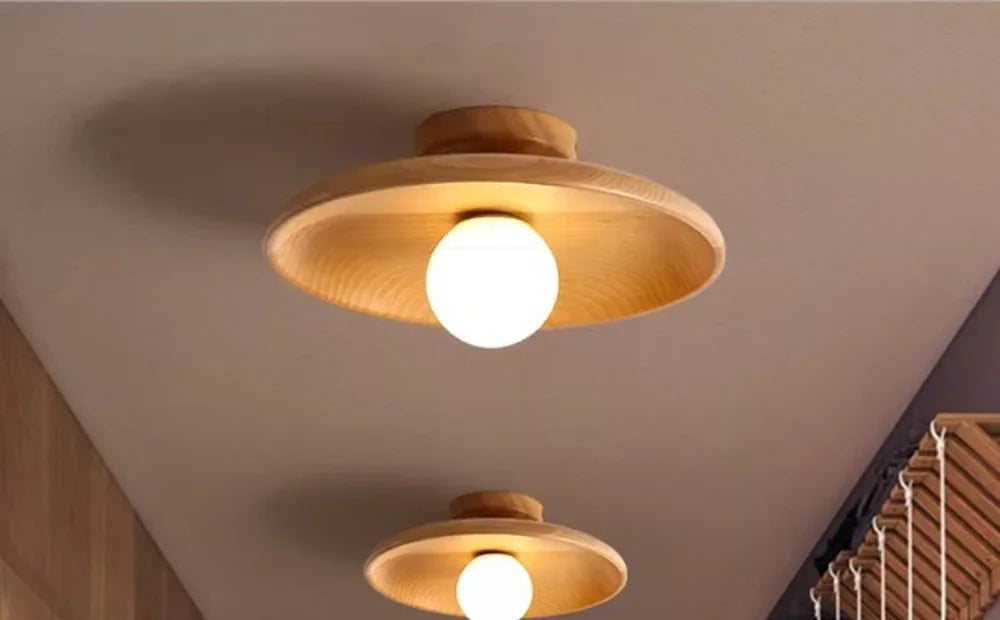 Solid Wood Disc Ceiling Light Iwaelvix – Lifestyle Hallway View, Wood Finish