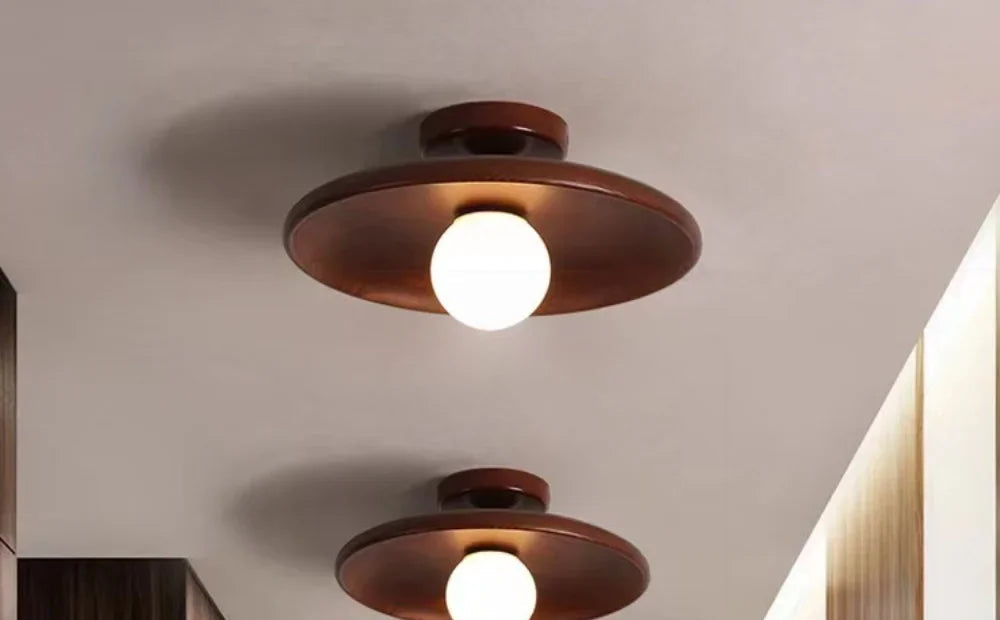 Solid Wood Disc Ceiling Light Iwaelvix – Lifestyle Hallway View, Walnut Finish