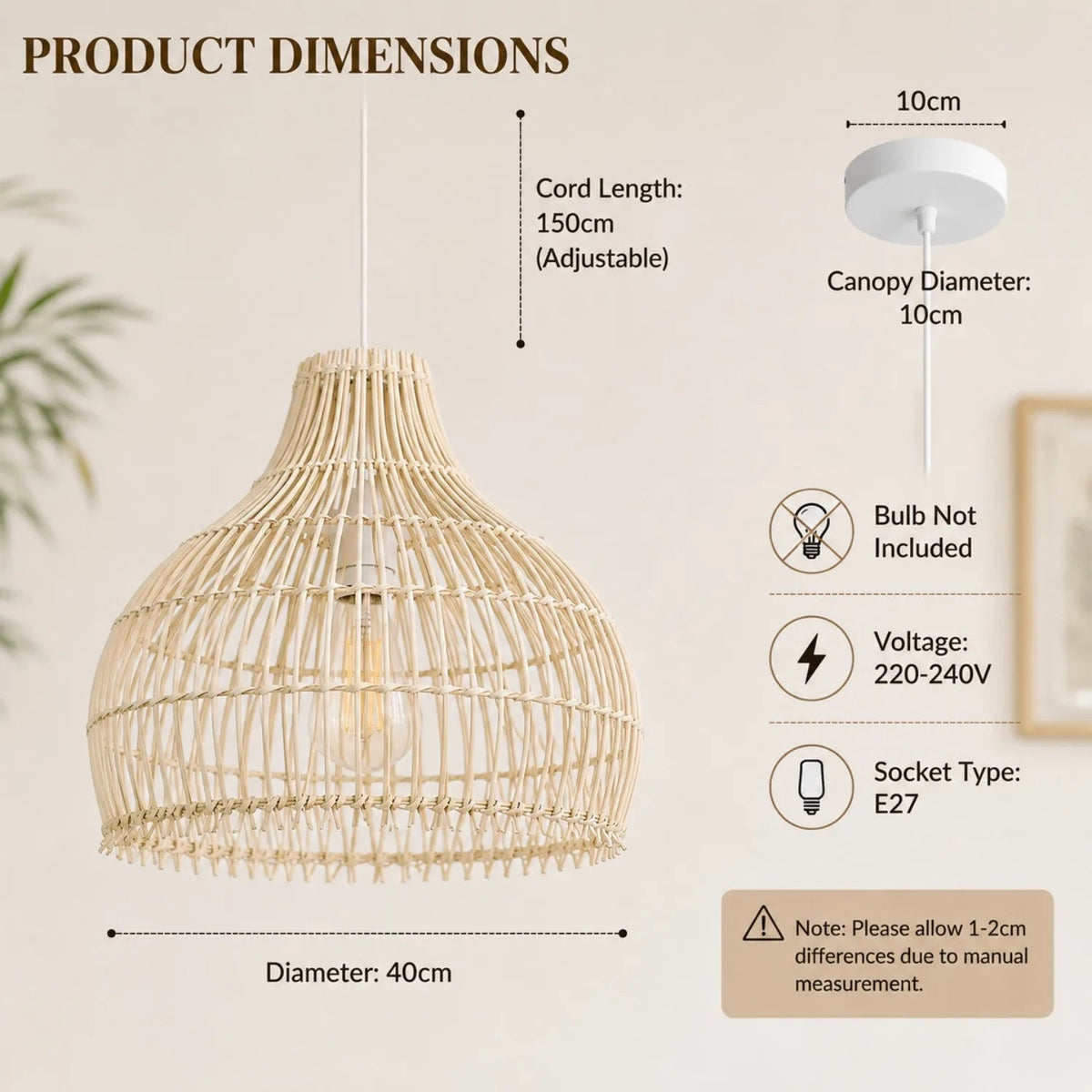 Florevix Rattan Pendant Light Ø40cm – Product Dimensions