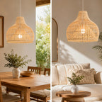 Contemporary Rattan Sculptural Pendant Light Florevix – Lifestyle in Dining Room and Living Room