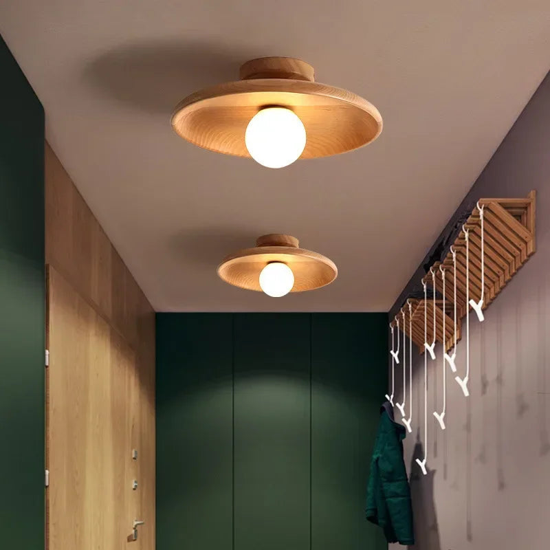 Nordic Solid Wood Flush Mount Ceiling Light Haleo - Wood Finish Hallway