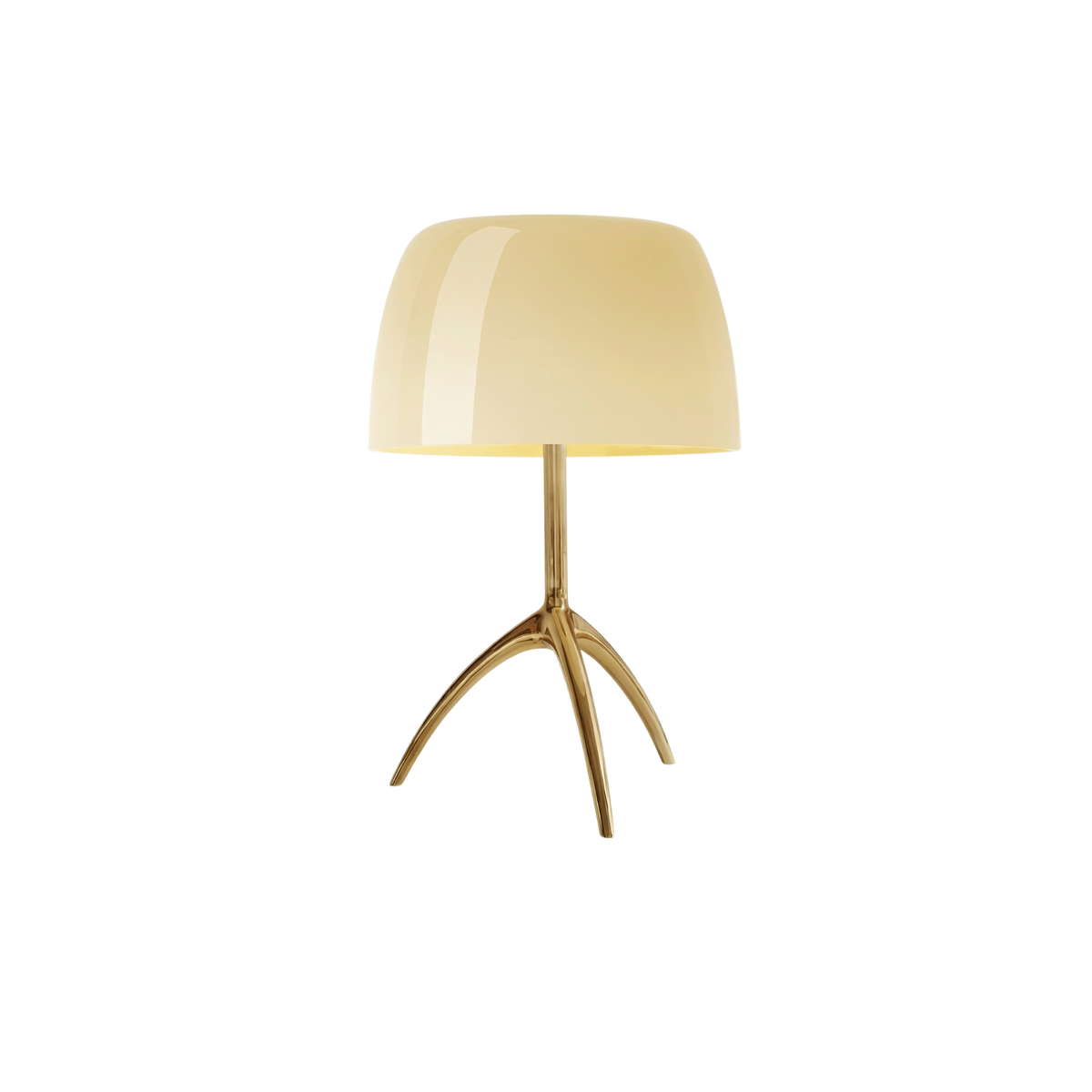 Mouth-blown glass tripod table lamp, Cream shade, gold-tone base, studio shot