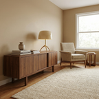 Mouth-blown glass tripod table lamp, Cream shade, gold-tone base, in a warm living room