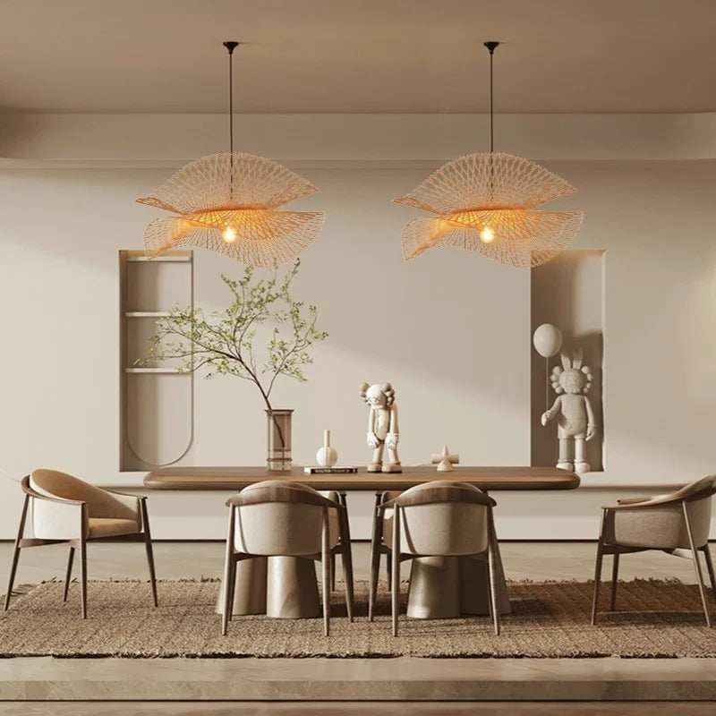Artisan Woven Bamboo Pendant Light Galvex – Paired Pendants Over a Dining Table