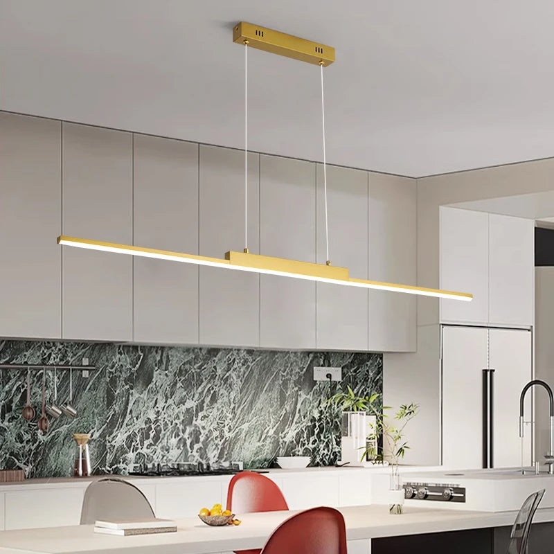 Gold Linear LED Bar Pendant Light – Aurelion – Kitchen Lifestyle View