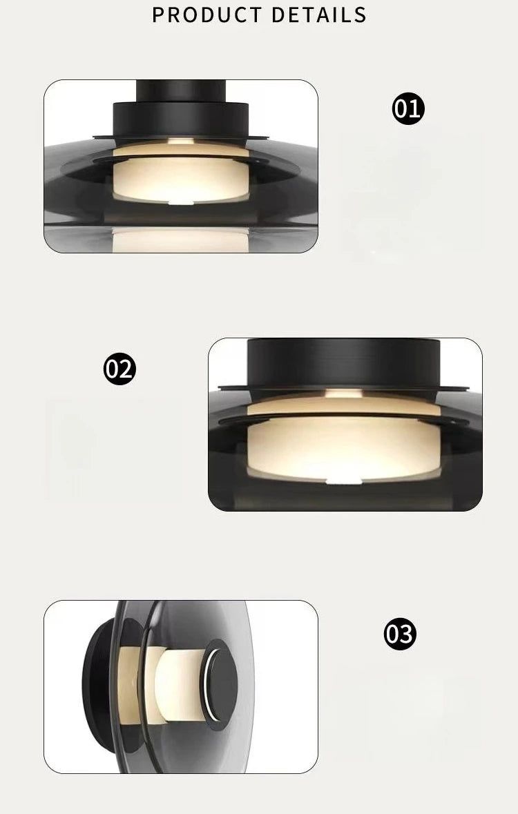 Cevanix wall sconce detail views — glass disc, integrated LED, brass and black hardware