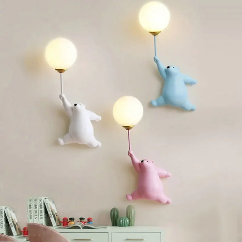 Lunabear resin bear holding moon globe wall sconce — White, Pink and Blue together