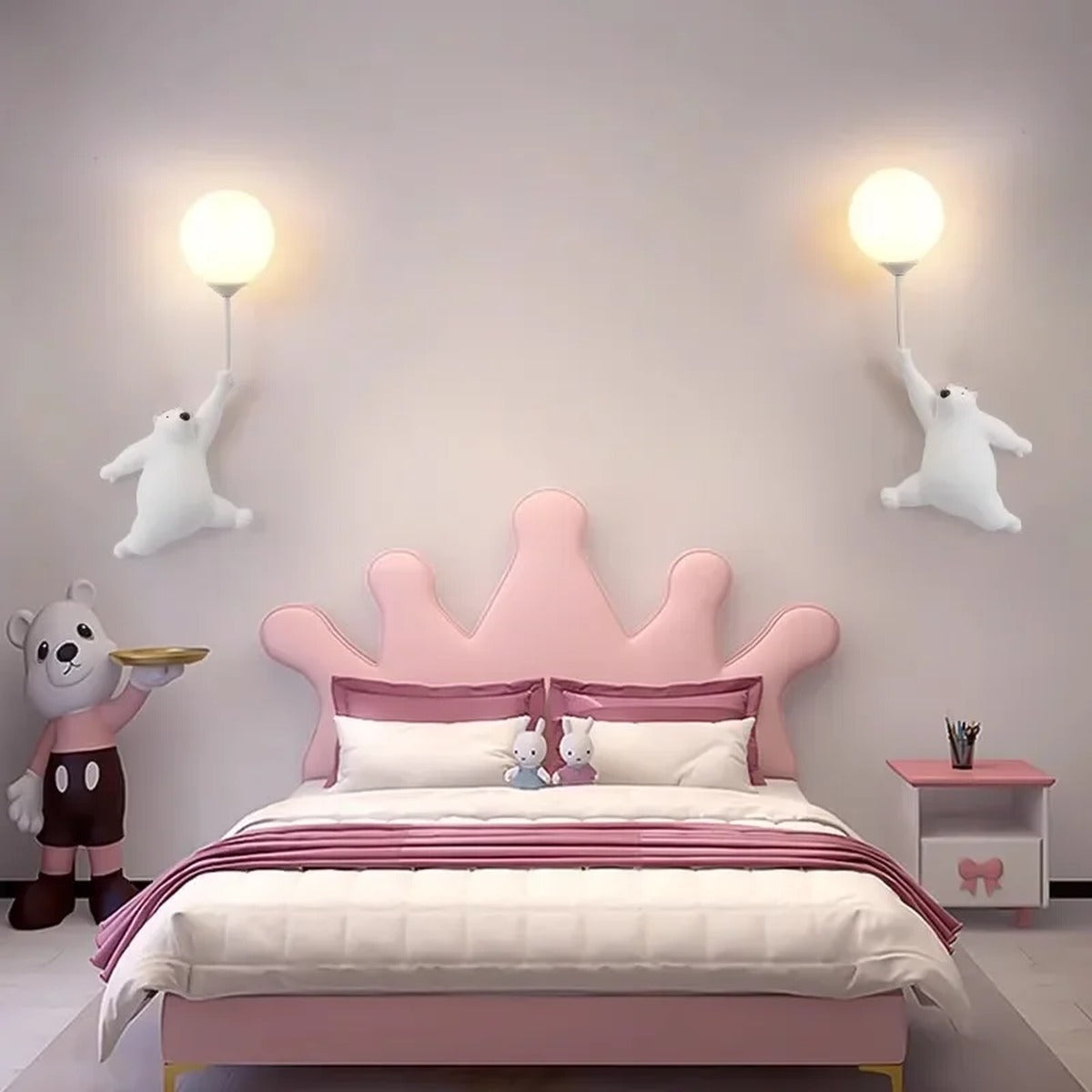 Lunabear White pair mounted Left and Right flanking a headboard