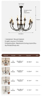 Candelabra Black Wood & Iron Twisted-Stem Chandelier – Vexon – Size & Dimension Guide