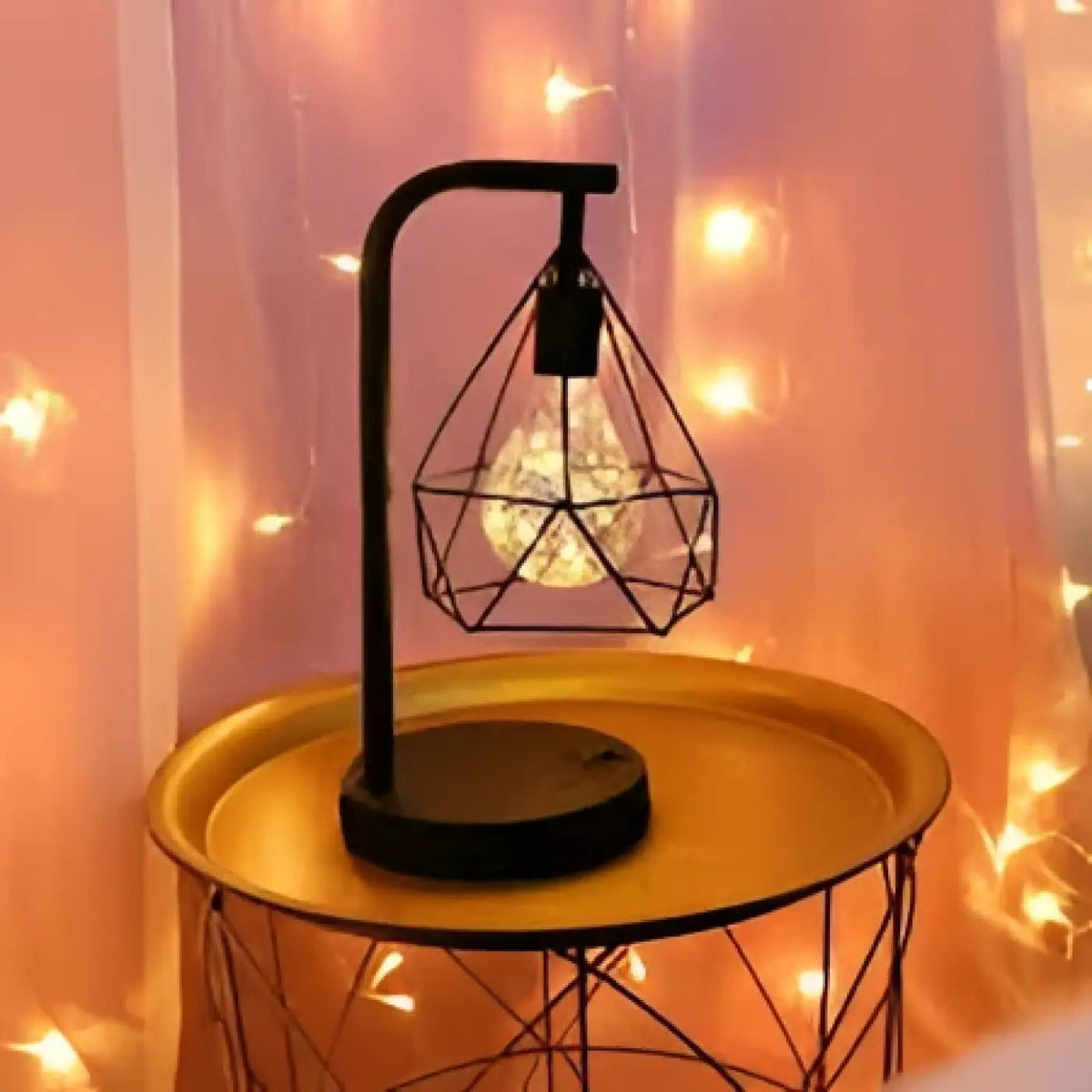 Kaelvex cage lamp casting geometric light patterns on marble surface