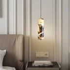 Spiral-Cut Marble Cylinder Pendant Light Lorixan – Lifestyle Bedside View