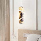 Spiral-Cut Marble Cylinder Pendant Light Lorixan – Lifestyle View by Curtain
