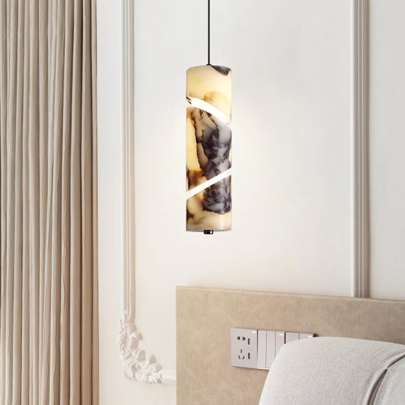 Spiral-Cut Marble Cylinder Pendant Light Lorixan – Lifestyle View by Curtain
