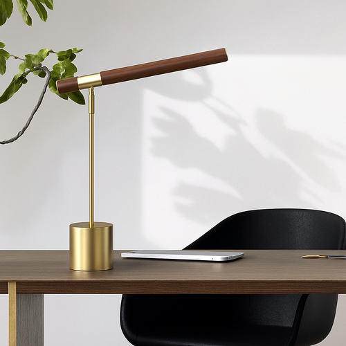 Treviso adjustable desk lamp with walnut arm and brass cylindrical base