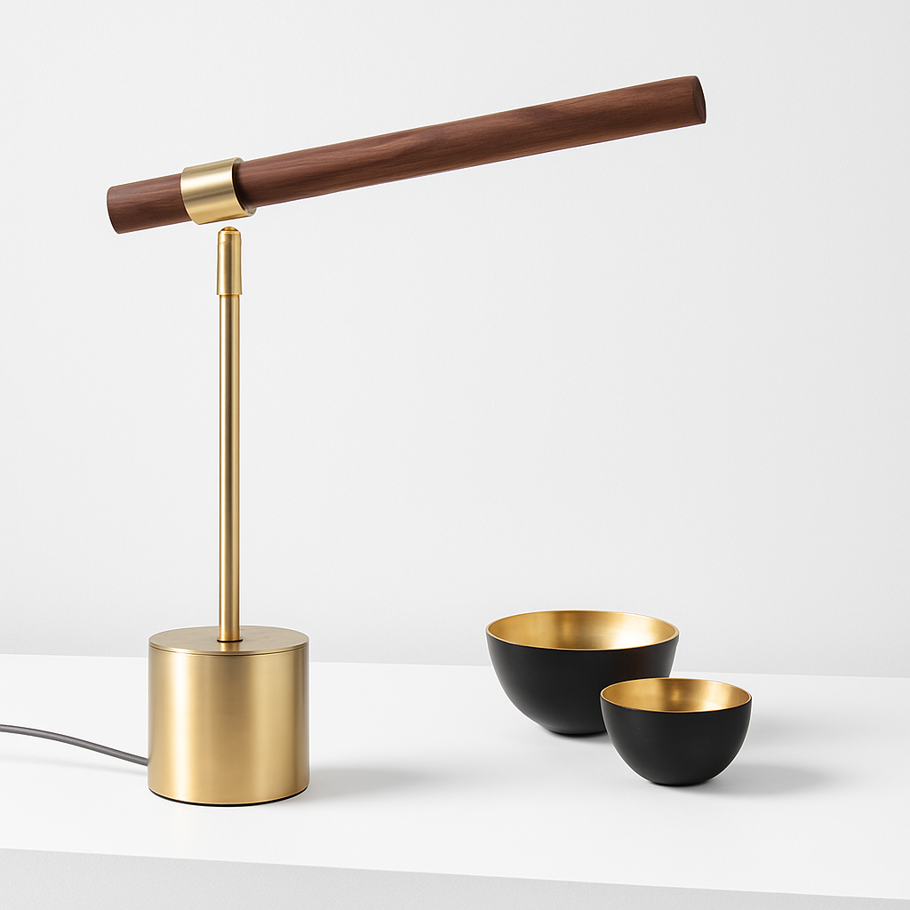 Treviso lamp arm adjustment points and walnut detail close-up