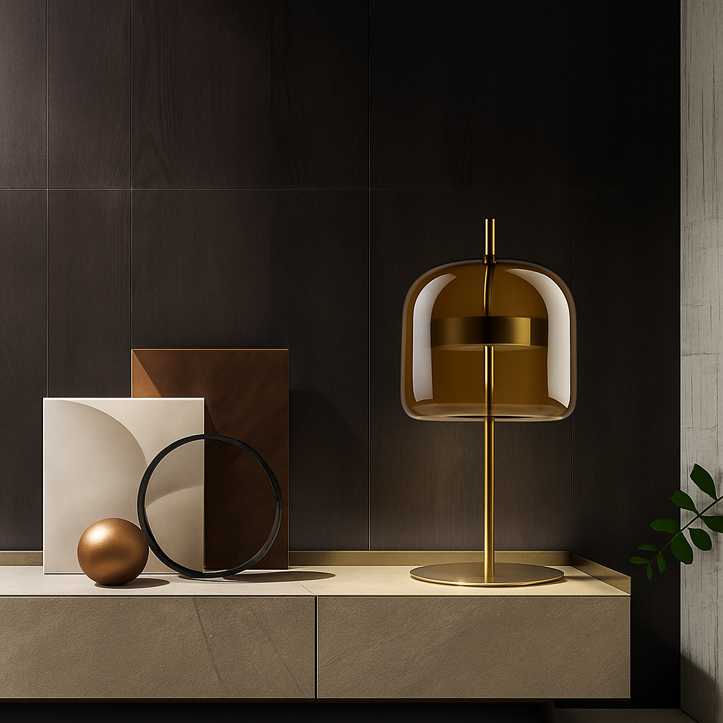 Orvello amber glass dome table lamp on slender tall brass stem