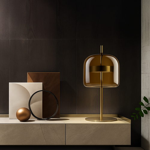 Orvello amber glass dome table lamp on slender tall brass stem