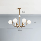 Noctivox 6-light chandelier in brushed gold — dimensions O82cm, drop 50cm, globe O15cm