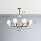 Noctivox 8-light chandelier in brushed gold — dimensions O100cm, drop 50cm, globe O15cm