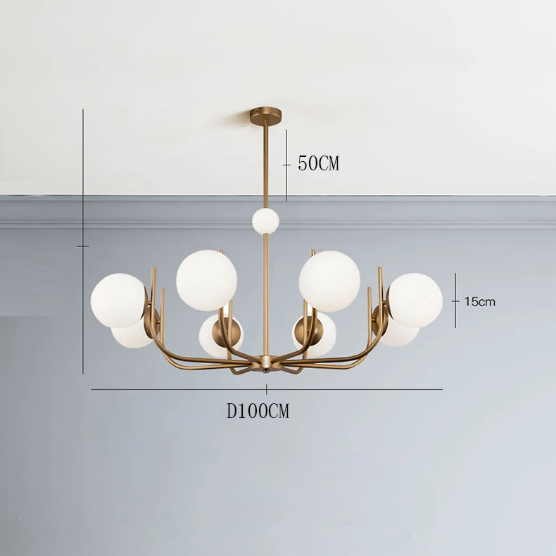 Noctivox 8-light chandelier in brushed gold — dimensions O100cm, drop 50cm, globe O15cm