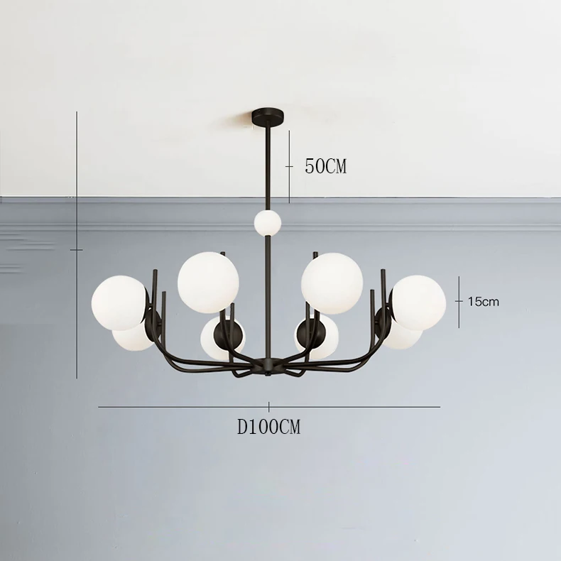 Noctivox 8-light chandelier in matte black — dimensions O100cm, drop 50cm, globe O15cm