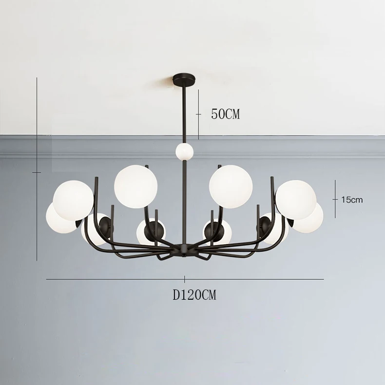 Noctivox 10-light chandelier in matte black — dimensions O120cm, drop 50cm, globe O15cm