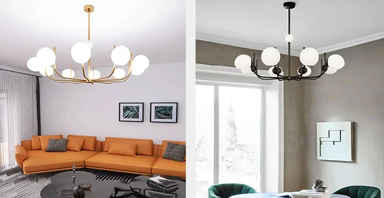 Noctivox chandelier side by side in brushed gold and matte black finishes