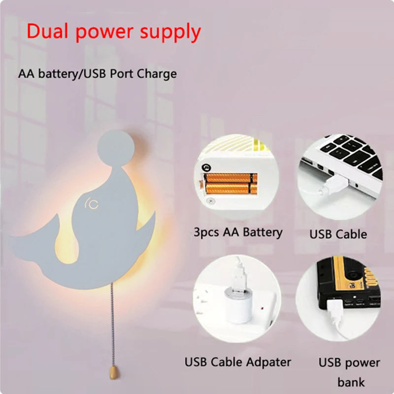 Nubira dual power supply diagram: AA battery or USB cable, adapter and power bank