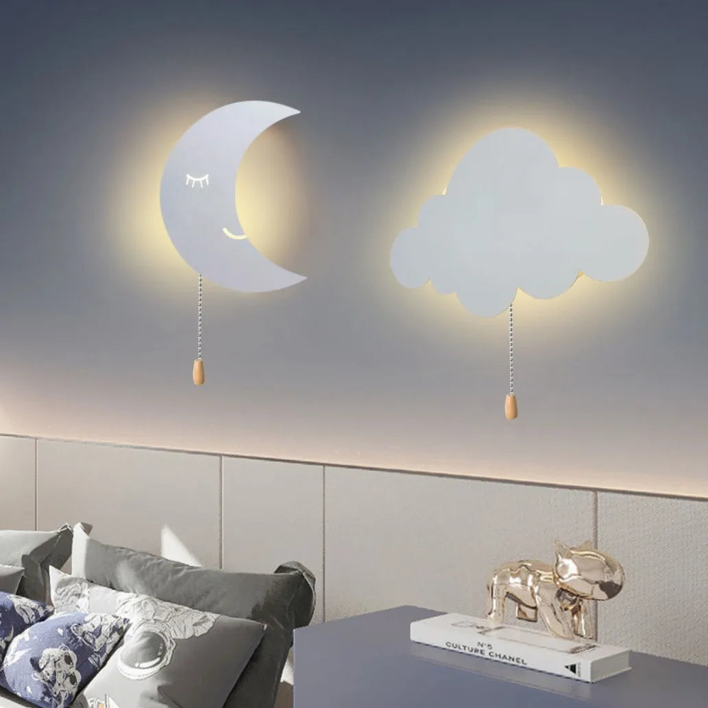 Nubira Moon and Cloud metal wall lights above a bedside table, warm LED glow