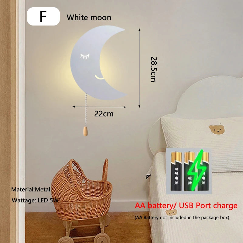 Nubira Moon White wall light beside a nursery crib, warm LED glow