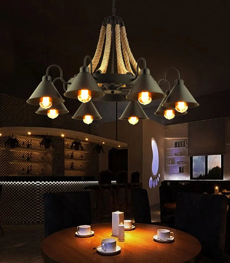 Industrial Hemp Rope Cone Chandelier Qaelvorn – Lifestyle over Dining Table