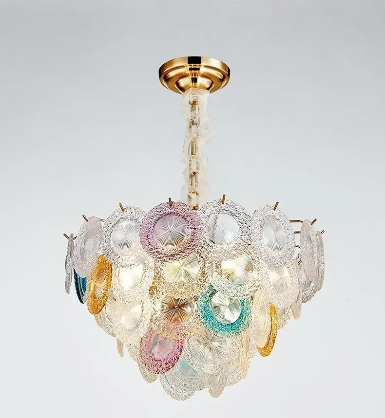 Iridescent Glass Shell Fan Tiered Chandelier – Frostveil – Round