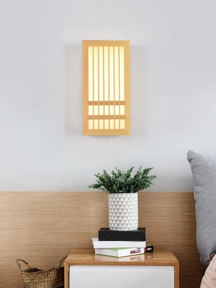Serenox wood slat wall sconce - angled detail view