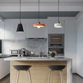 Sorvane Brass-Neck Iron Pendant Light – Kitchen Island Lifestyle (Tall Cone Black, Saucer Terracotta, Drum White)