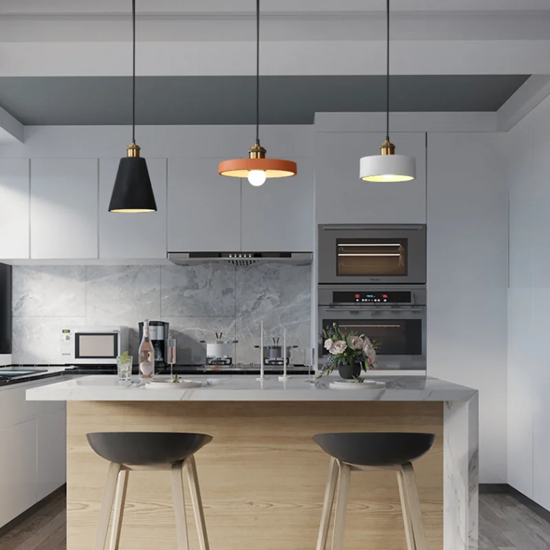 Sorvane Brass-Neck Iron Pendant Light – Kitchen Island Lifestyle (Tall Cone Black, Saucer Terracotta, Drum White)