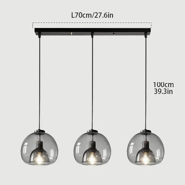 Glass Globe Cluster Pendant Trivorn – 3-Light Rect. Base, Smoked Gray, Dimensions