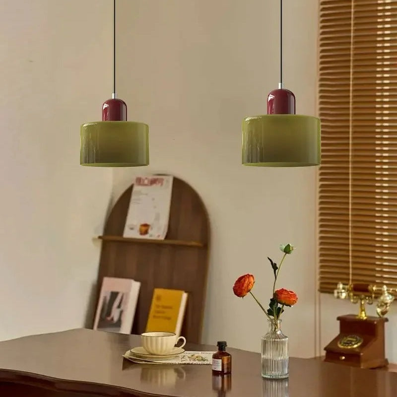 Pelindra Stained Glass Pendant – Olive & Burgundy Duo, Dining Setting