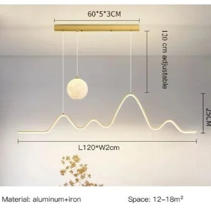 Modern Aluminum Wave Pendant Light with Moon Accent Qraeloria – Gold Finish Dimensions