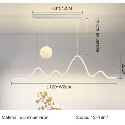 Modern Aluminum Wave Pendant Light with Moon Accent Qraeloria – White Finish Dimensions