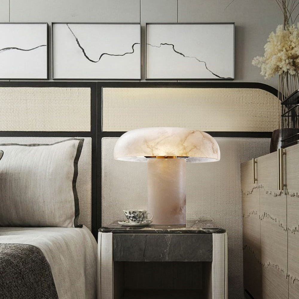 Virella lamp – natural alabaster mushroom dome lit from within