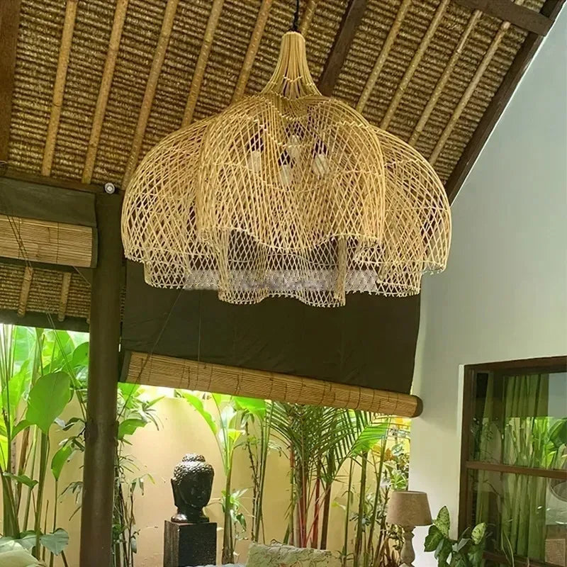 Wabi-Sabi Hand-Woven Rattan Scalloped Dome Pendant – Ualaelvix, Beige, lifestyle
