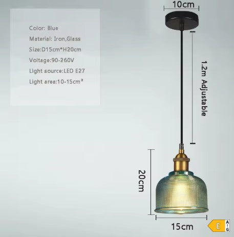 Ribbed Glass Bell Pendant Light Gilnox – Blue Dimensions