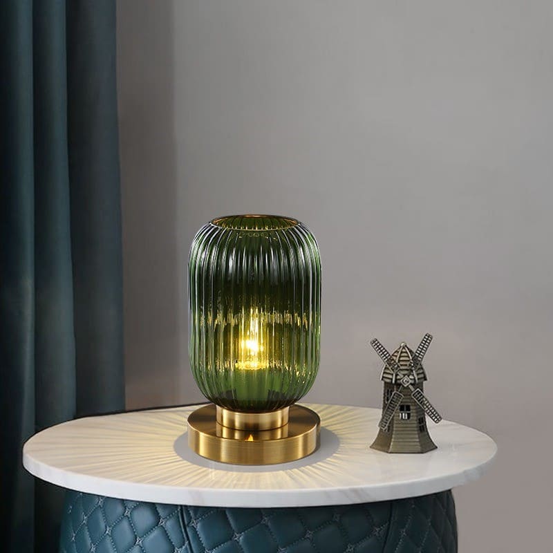 Vernita ribbed glass table lamp – Emerald Green bedside accent glowing warmly